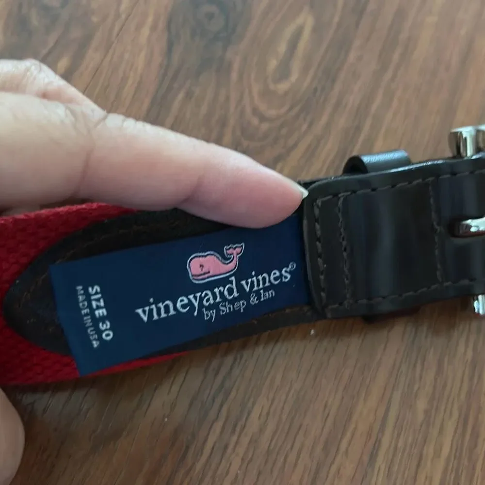 Vineyard Vines leather webbing and fabric belt 30 nautical red white blue